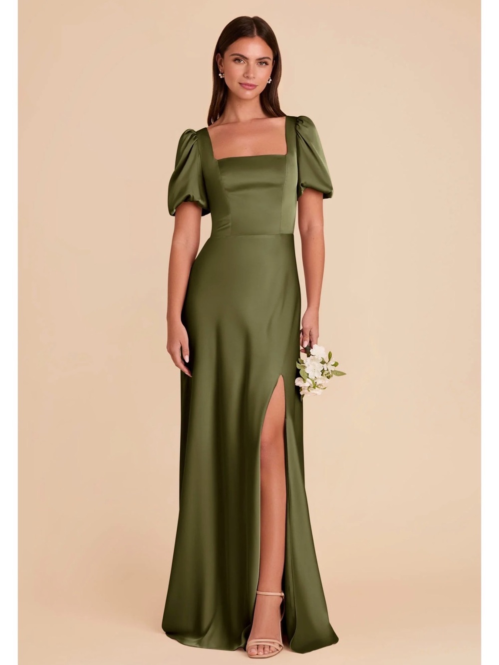 Judy Dress Matte Satin Martini Square-Neck Gown with Puff Sleeves